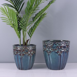 I-Reactive Blue Glaze Hook Pattern Ceramic Flowerpot