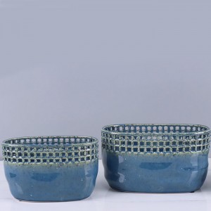 Hollow Out Design Blue Reactive with Dots Ceramic Flowerpot Vase