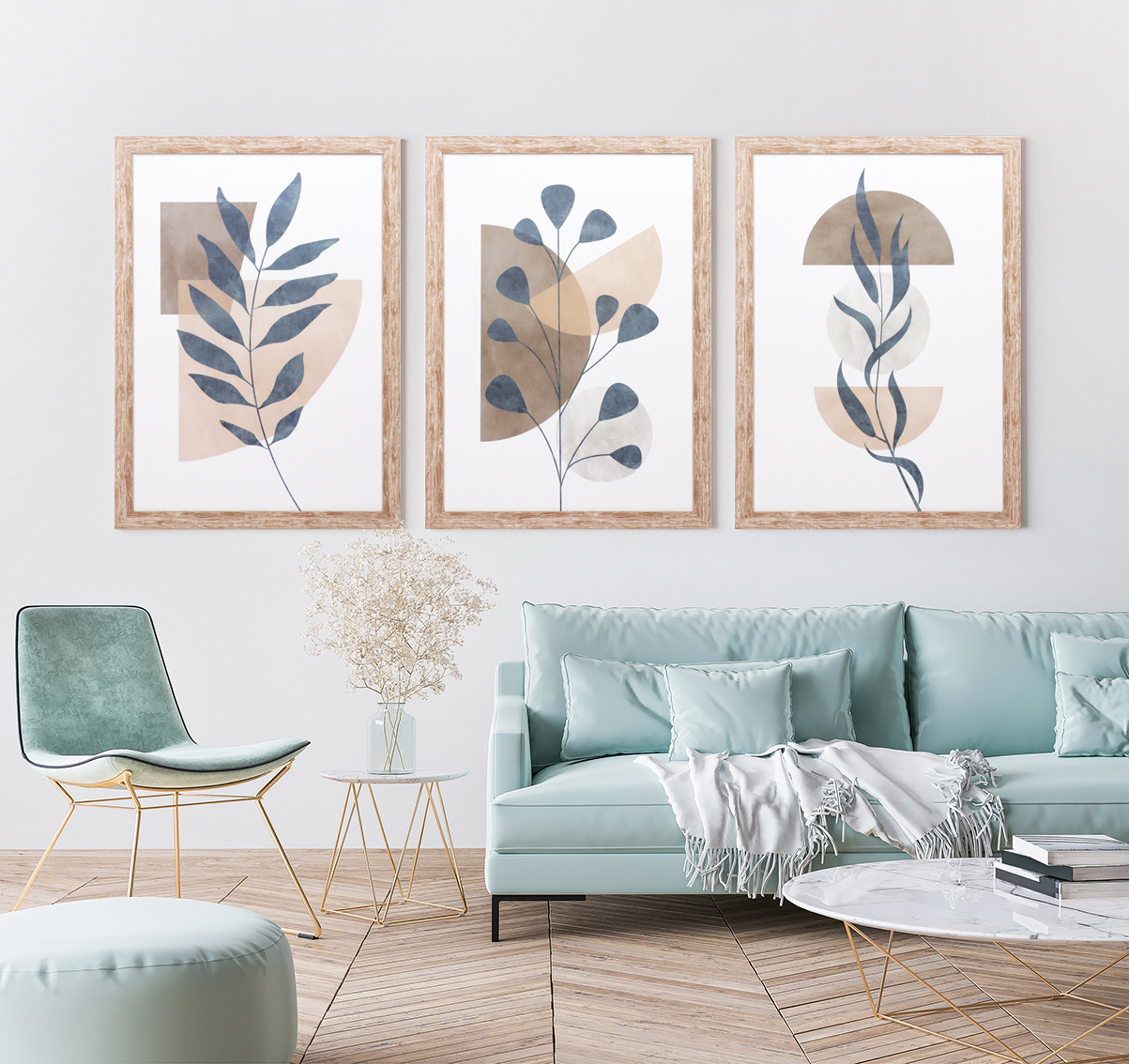 Set saka 3 Framed Boho Tropical Plants lan Geometris Wall Art