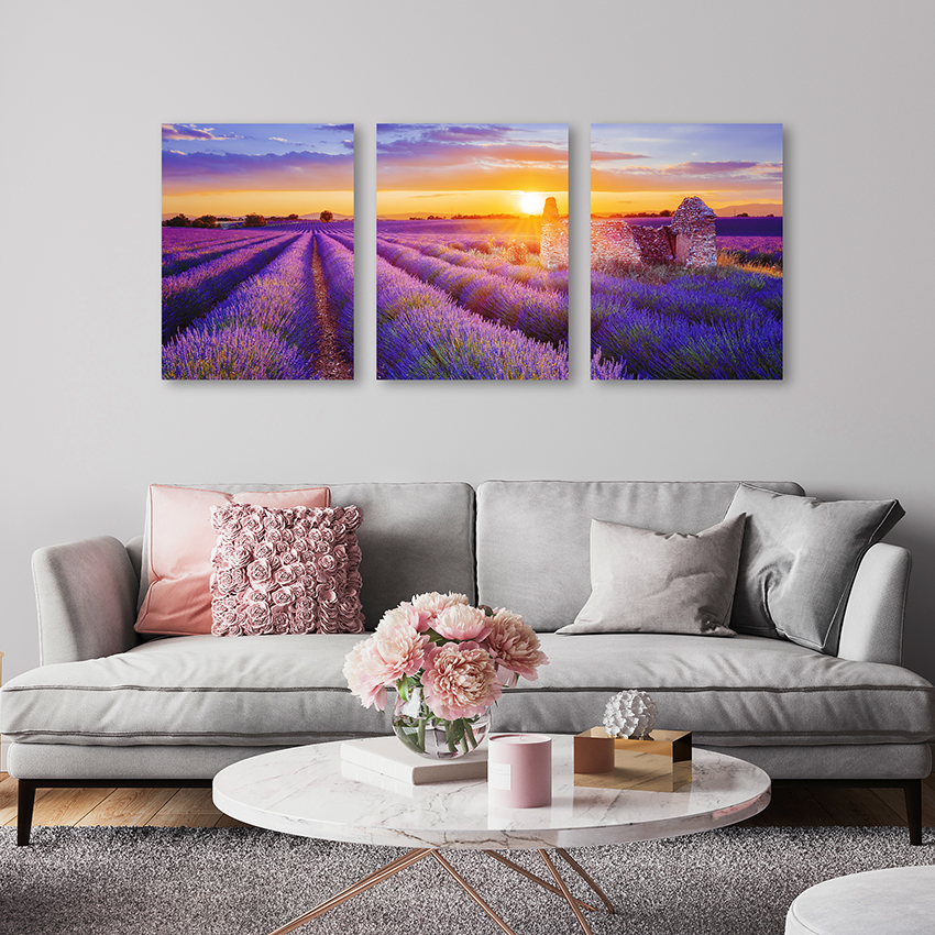 3 ширхэг Canvas Wall Art уран зураг Provence-ийн үзэсгэлэнт лаванда цэцгийн талбайн ландшафтын зураг зотон дээр хэвлэсэн гэр бүлийн орчин үеийн чимэглэл