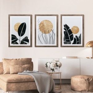 Set of 3 Framed Boho Tropical Plants and Sol Wall Art