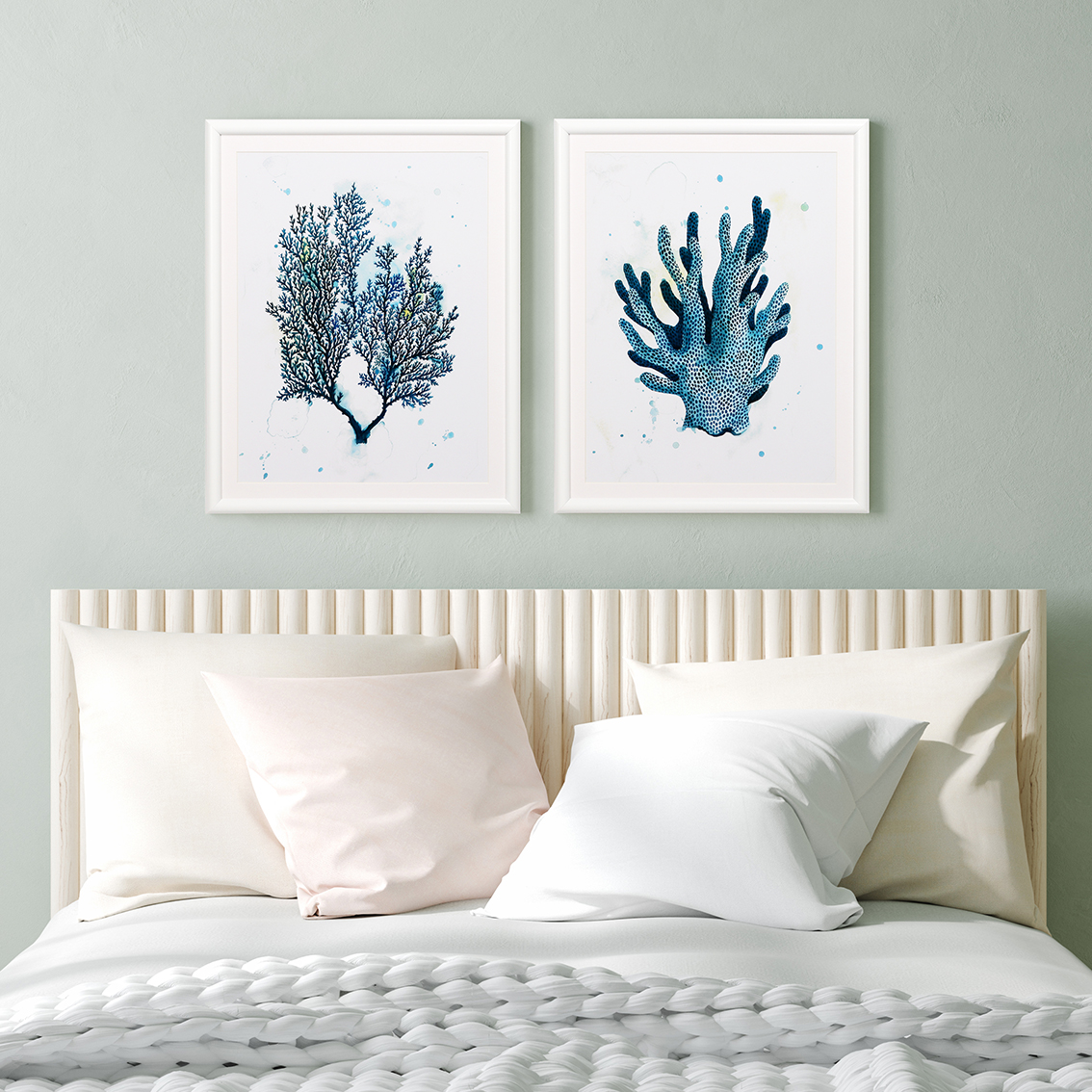 Arte de parede de plantas marinhas azuis em aquarela emolduradas