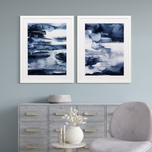Комплект от 2 рамкирани сини акварелни абстрактни картини за стена