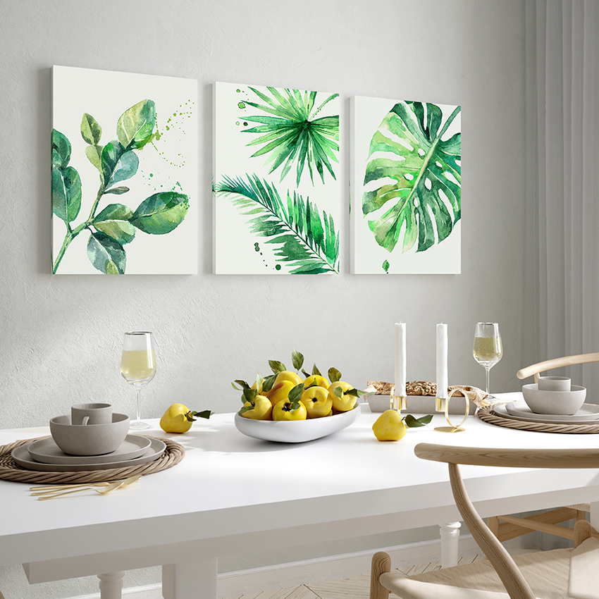 3 piezas de lienzo, pintura de arte de pared, acuarela, hoja verde tropical, impresión en lienzo, pintura de acuarela, decoración moderna familiar