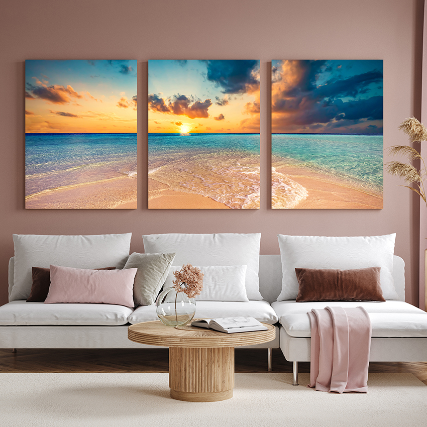 Lienzo de 3 piezas, pinturas de arte de pared, Maldivas, puesta de sol, playa, impresión en el lienzo, paisaje en el lienzo, decoración moderna familiar.