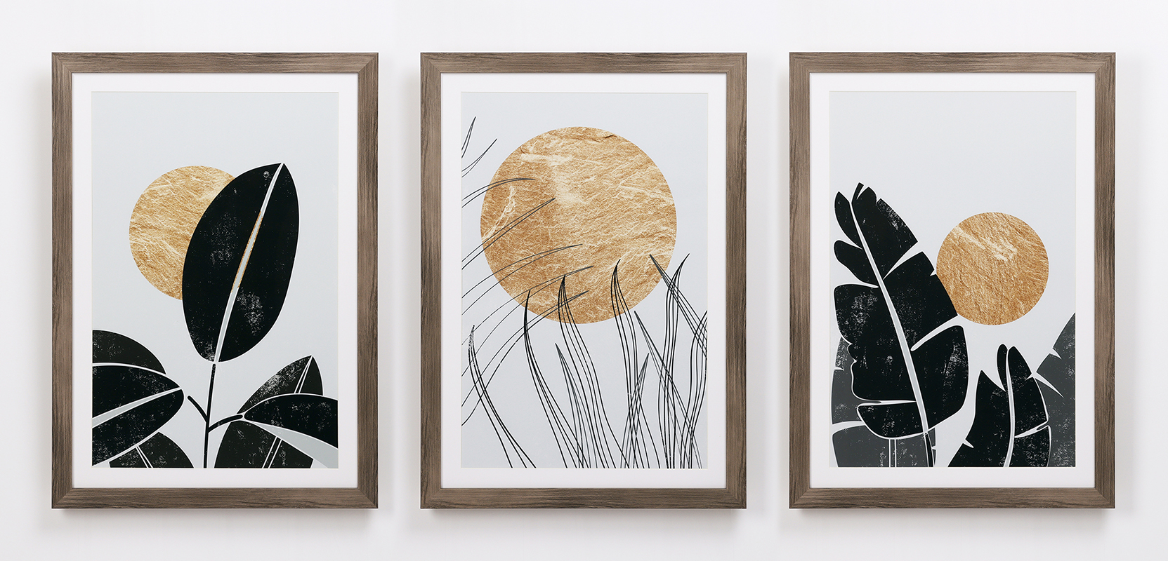 Set saka 3 Framed Boho Tropical Plants lan Sun Wall Art