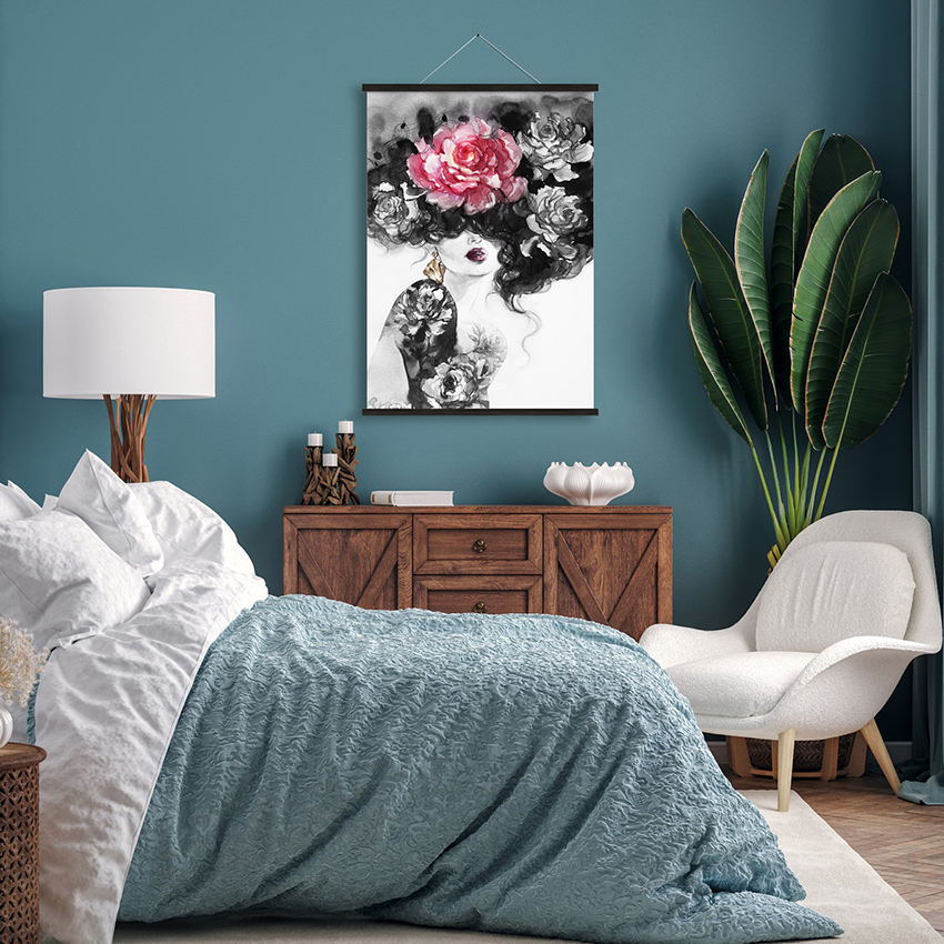 Pintura em tela de rolagem de mulher com flores