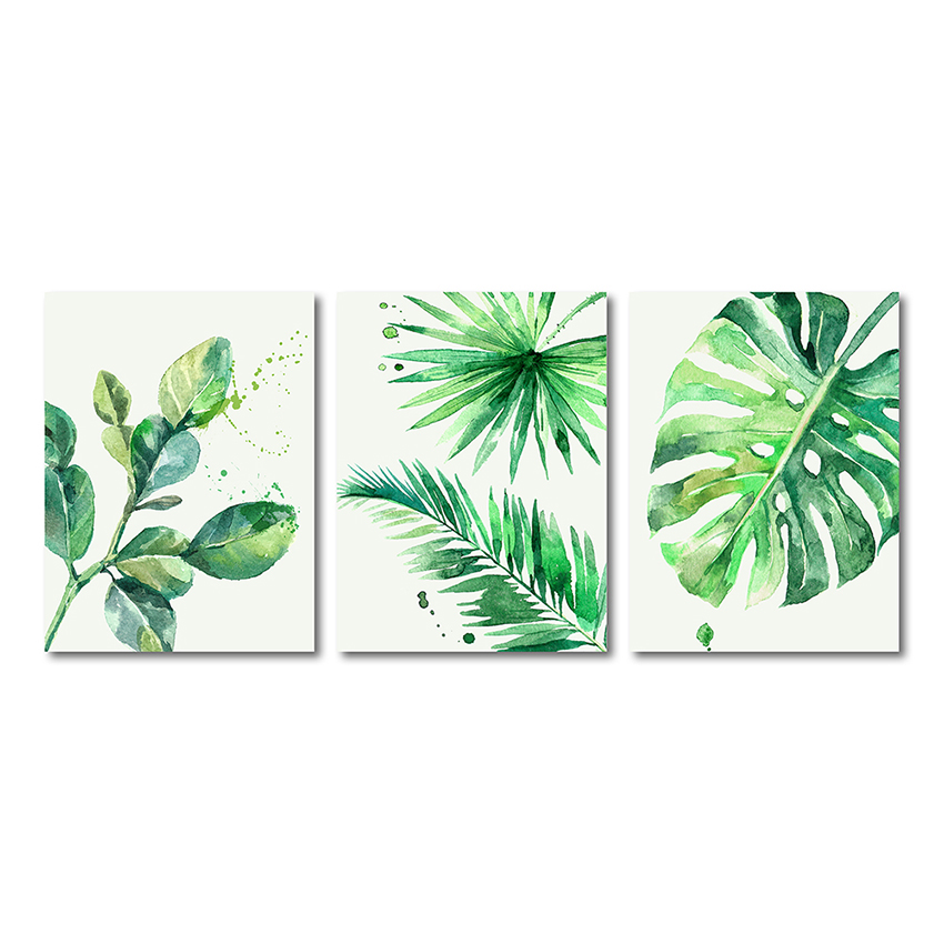 3 парчиња платно ѕидно сликарство акварел тропски зелен лист печатење на платно акварел сликарство семејство модерна декорација
