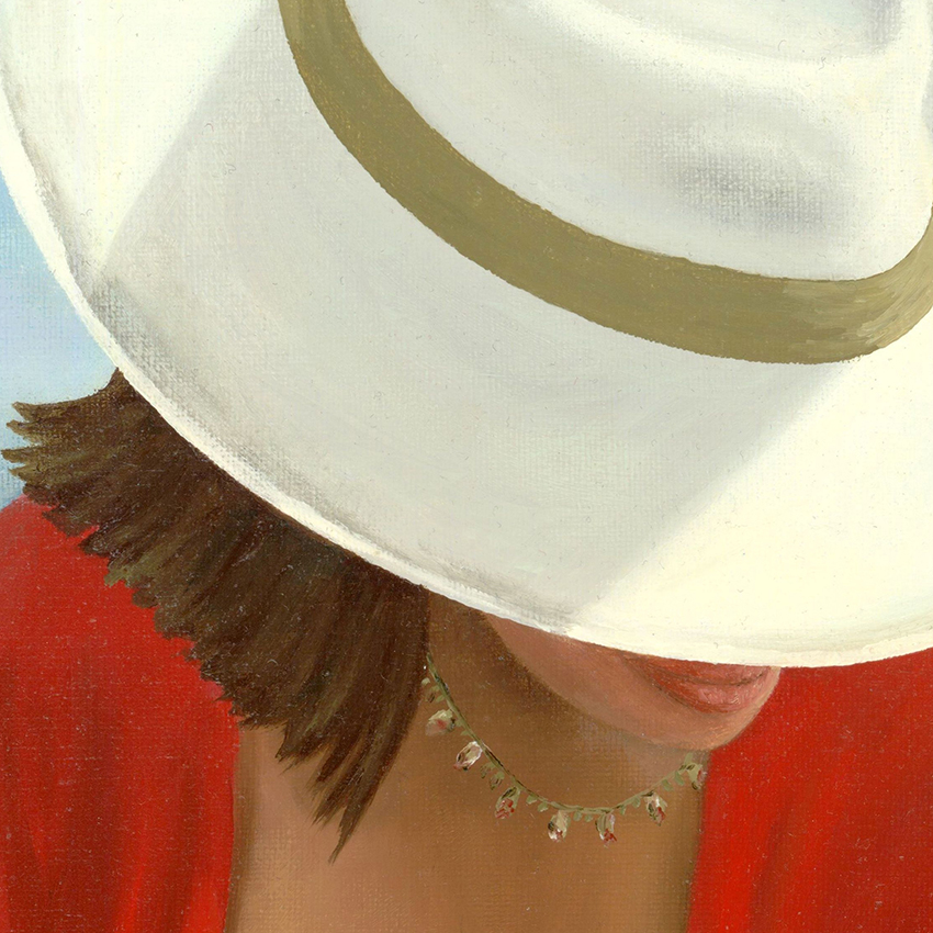 Pintura a óleo emoldurada de mulher na praia