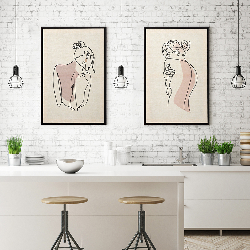 Înrămată din pânză de pânză Linie minimalistă Femeie Tablou Artă de perete