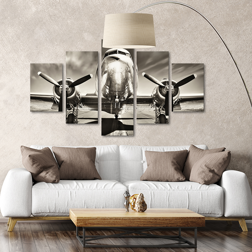 5 парчиња платно Ѕидна уметност Гроздобер авион на пистата Декор на дом Ѕидни слики