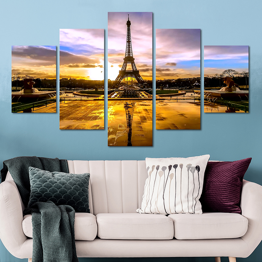 5 Piece Canvas Wall Art Eiffel Tower Home Decor Wall Decor Paintings sa pagsalop sa adlaw Human sa Ulan