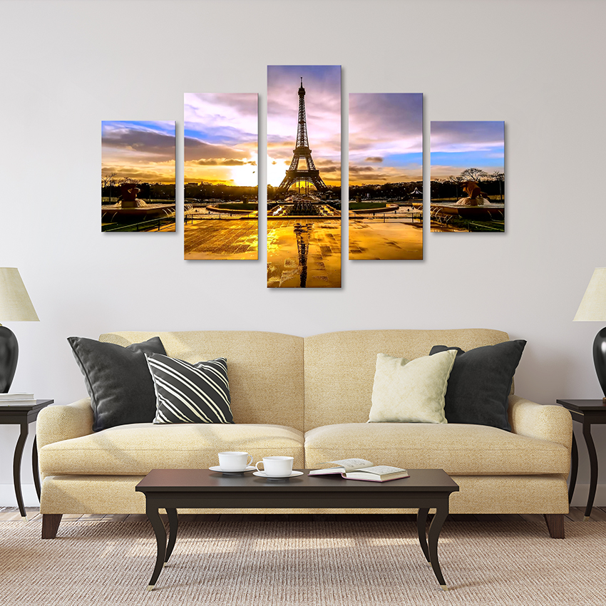 5 части платно Стенно изкуство Айфеловата кула Домашен декор Стенен декор Картини при залез слънце след дъжд