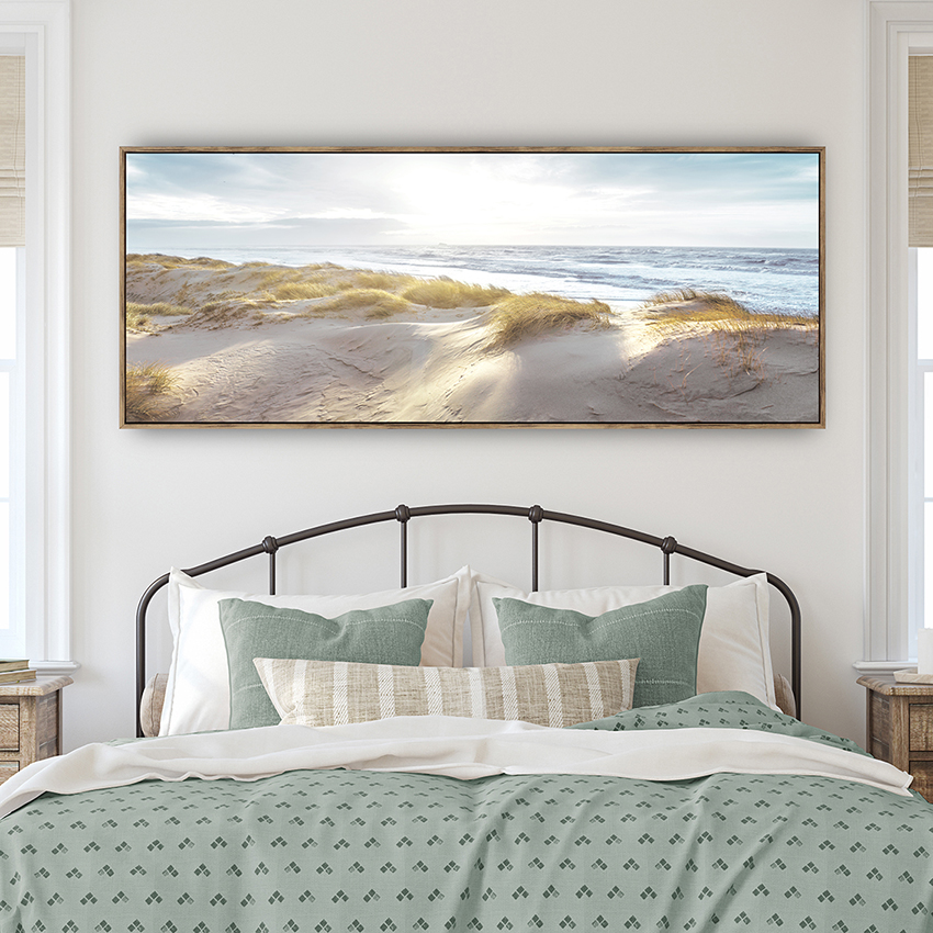 Arte de parede em tela emoldurada com paisagem de praia de faixa longa