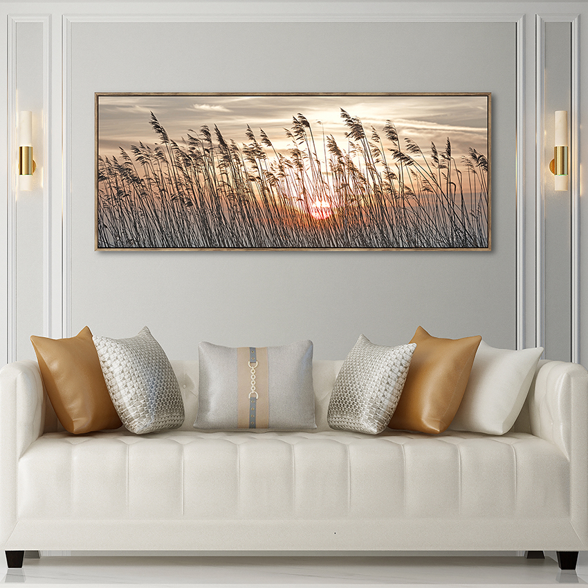 Pintura decorativa de paisagem em tela emoldurada com faixa longa ao nascer do sol