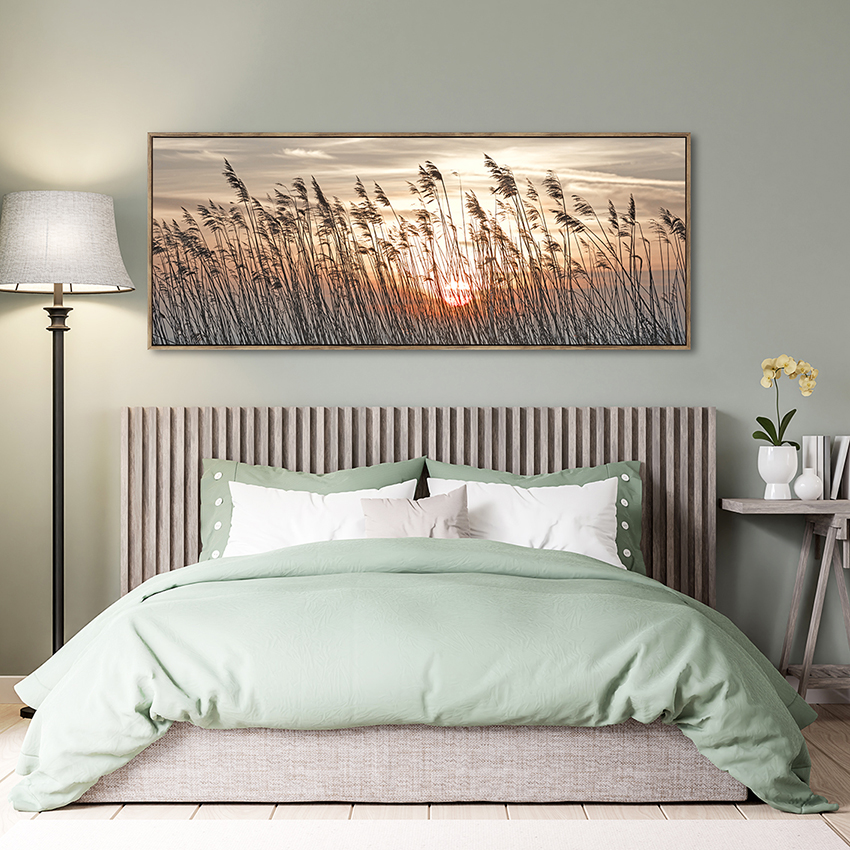 Raamitud lõuend, pikk bänner päikesetõusu maastikul dekoratiivne maal
