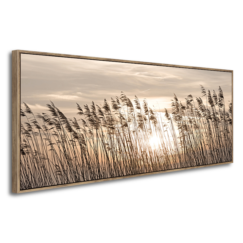 Pintura decorativa de paisagem em tela emoldurada com faixa longa ao nascer do sol