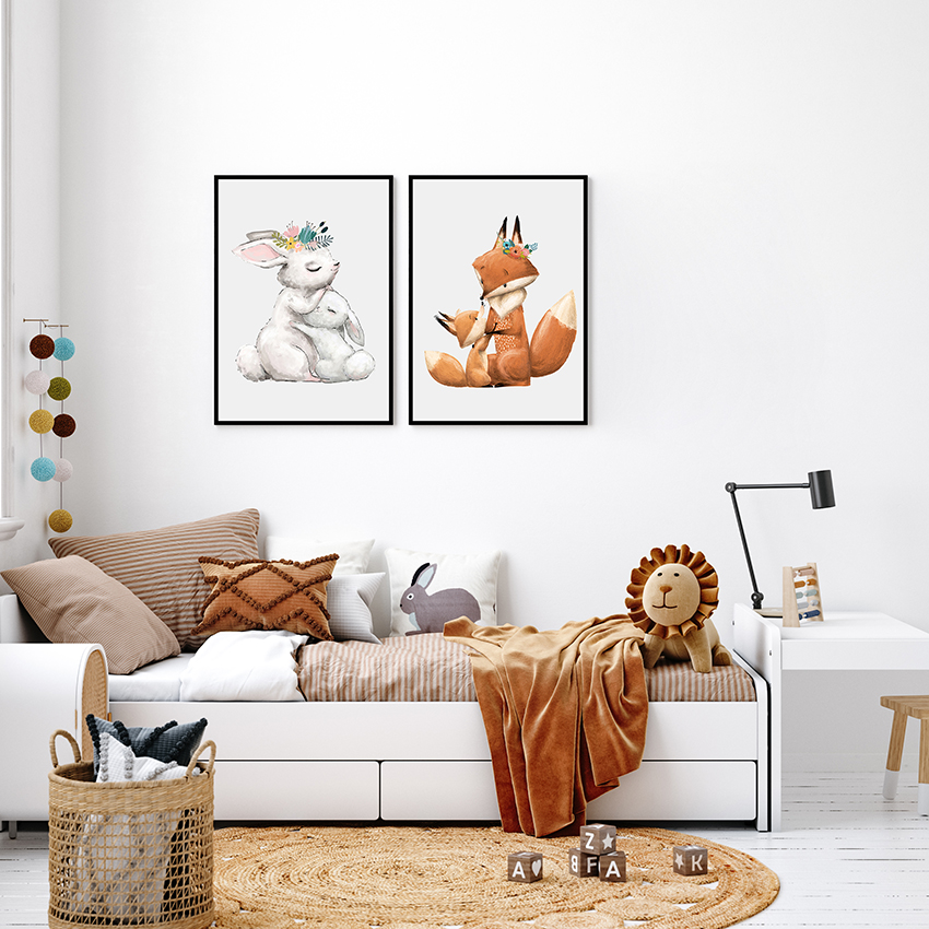 Tela emoldurada, mãe de animais fofos e seus filhos, arte de parede em aquarela Imagem em destaque