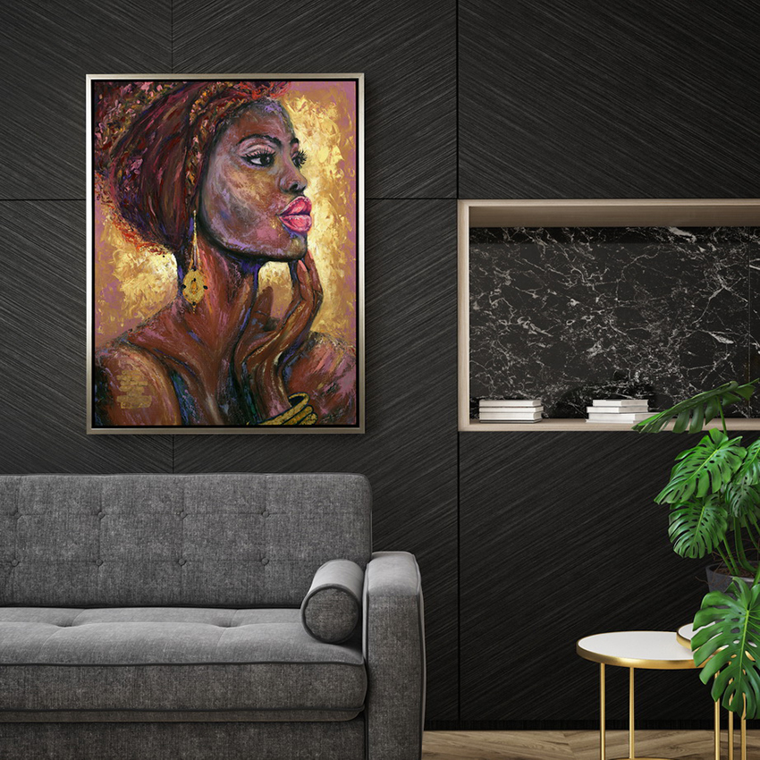 Ierāmēta melnās sievietes eļļas glezna