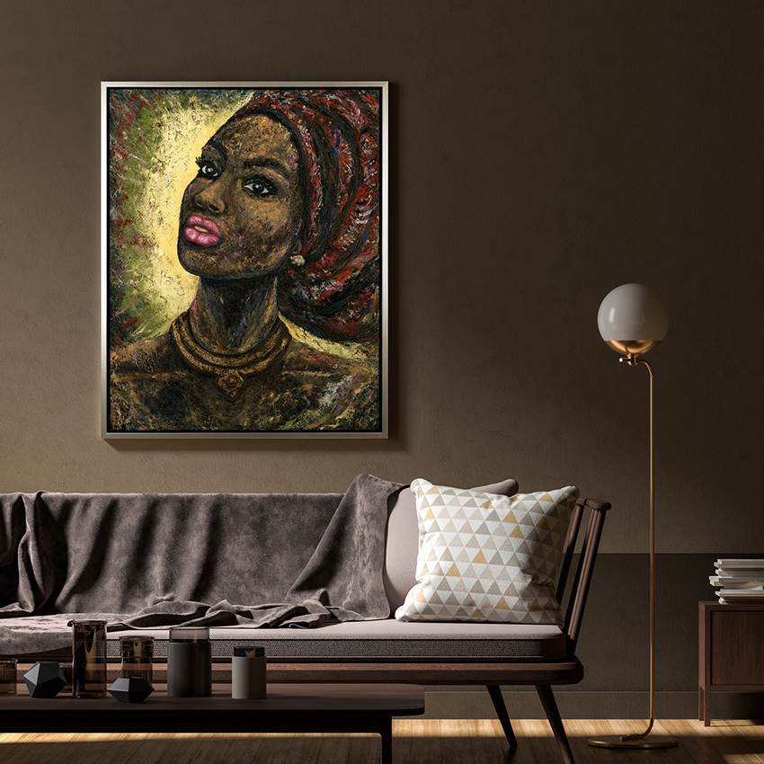 Pintura a óleo de mulher negra emoldurada