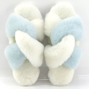 Ejiji Blue White Fuzzy Cross Sheepskin Slippers