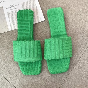 N'ogbe dị nro Otu eriri Ladies Ejiji Flat Square Green Terry Towel Slipper
