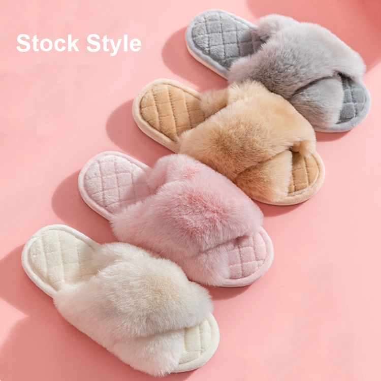 Custom Women Cross Fluffy Pink Imitated Rabbit Fur Slides Slippers