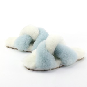 Fashion Blue White Fuzzy Cross Sheepskin Slippers