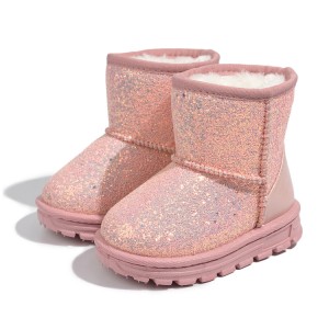 Блестяща веганска кожа за момичета Топли зимни нехлъзгащи се обувки Bling Bling Малки детски ботуши за сняг за малки деца