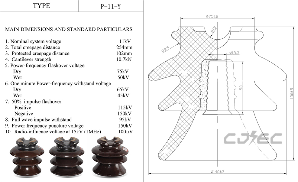 P-11-Y 11kv ဗို့အားမြင့်အတွက် P-11-Y 11kv Pin အမျိုးအစား Porcelain Insulator၊