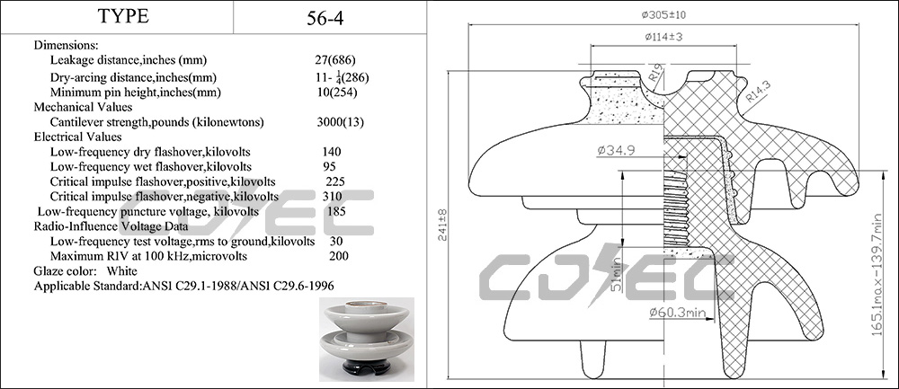 46 кВ 13,6 кН ANSI 56-4 Високовольтний шпильковий порцеляновий ізолятор (7)