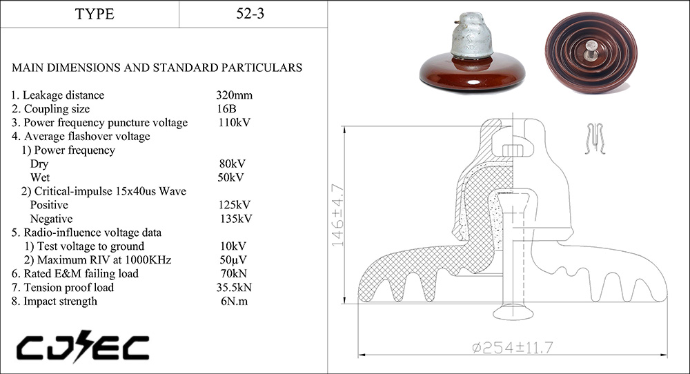 67kn ANSI 52-3 Đĩa sứ treo ngoài trời điện áp cao ( (13)