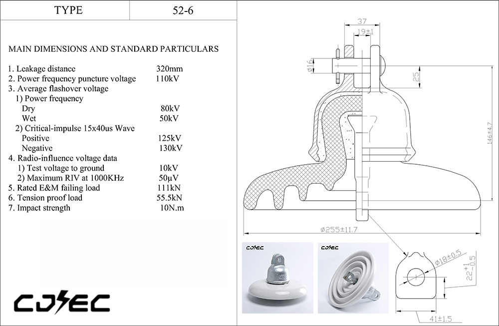 111kn ANSI 52-6 Insu de porcelana de suspensión de disco para exteriores de alto voltaje ( (11)