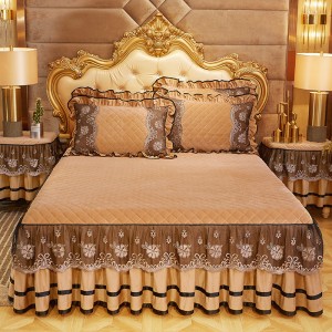 3-piece silk and cotton lace quilted bed skirt