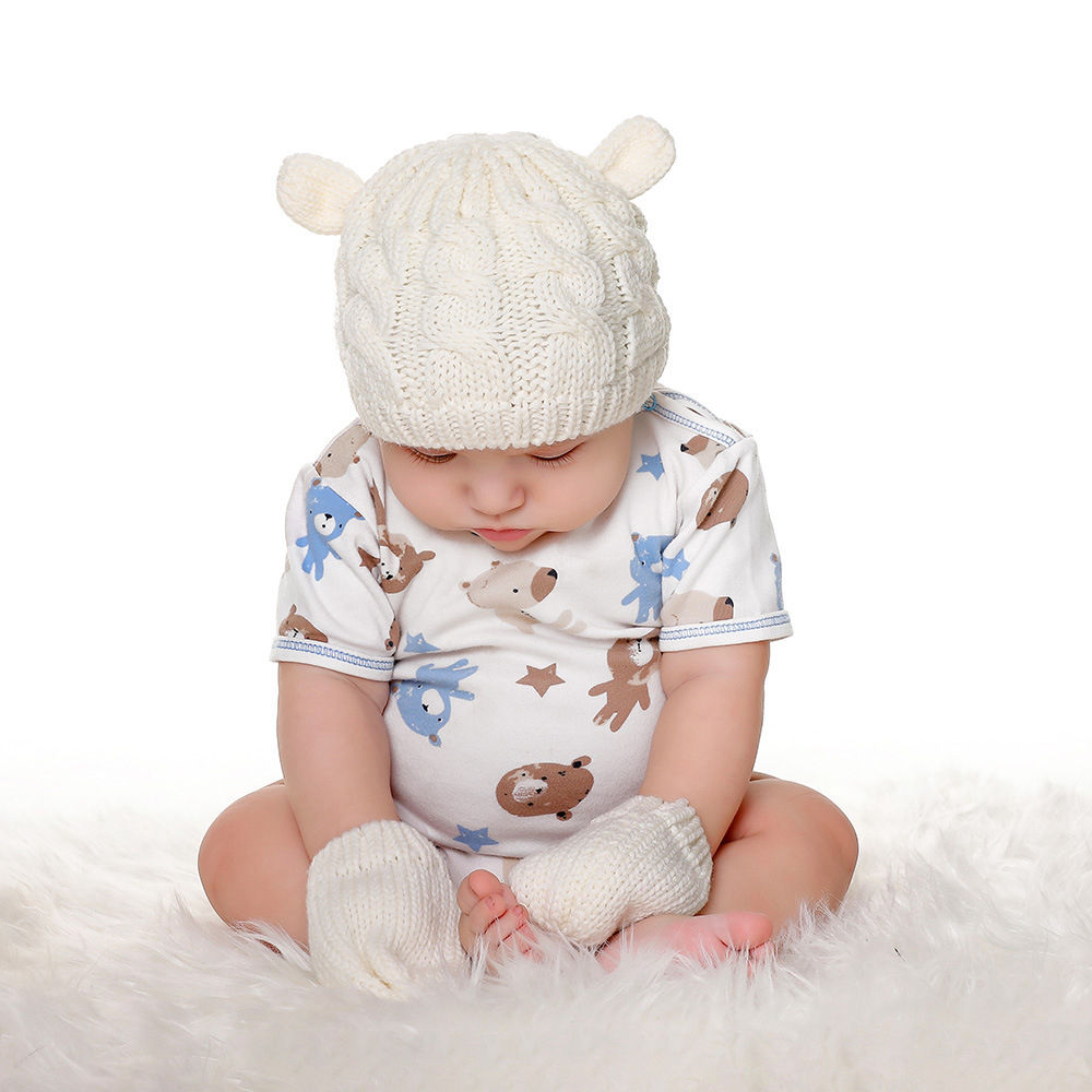 Зимна модна шапка за бебета от вътрешната страна на памучни топли комплекти с ръкавици за бебешка шапка Представено изображение