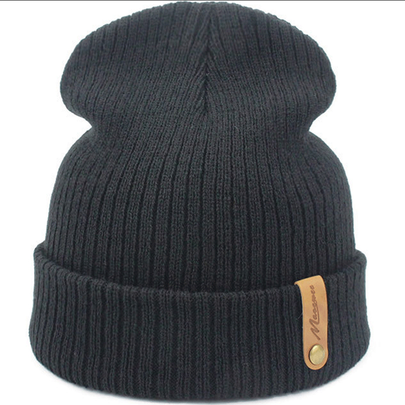 Acrylic beanie hat with leather label