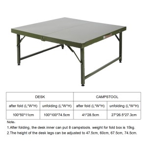 Kültéri, négyzet alakú, hordozható, összecsukható acél íróasztal-szék
