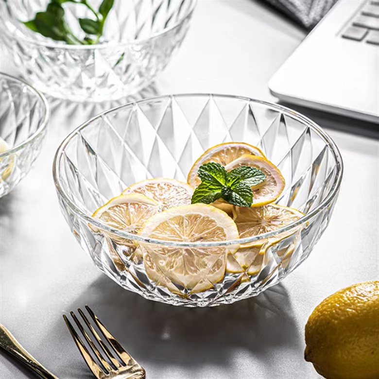 Провидна мала дијамантска посуда за храну од стакла, округла посуда за салату Истакнута слика