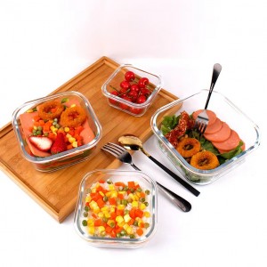 Kiváló minőségű átlátszó, négyzet alakú üvegtálas élelmiszertároló edények élelmiszerekhez