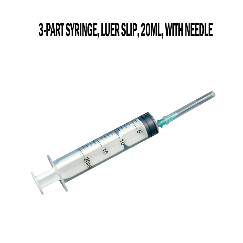 3-part syringe, luer slip, 20ml, na may karayom