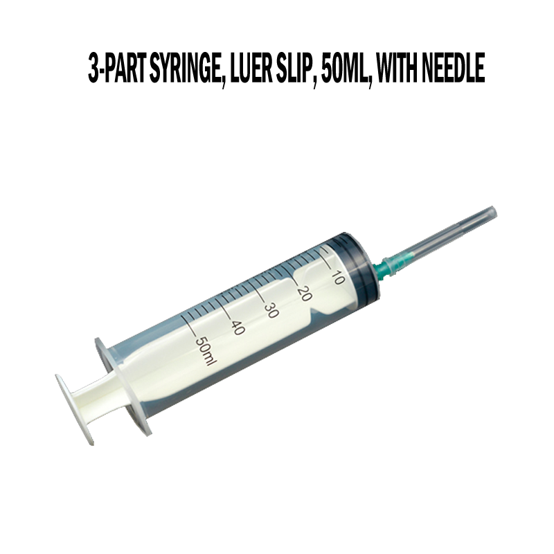 3-part syringe, luer slip, 50ml, na may karayom