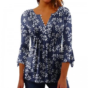 3/4 Sleeve Button V Neck Tops for Women, Women's Casual Loose Polka Dots Floral Tops Shirt