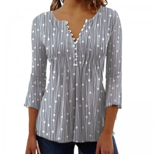 3/4 Sleeve Button V Neck Tops for Women, Women's Casual Loose Polka Dots Floral Tops Shirt