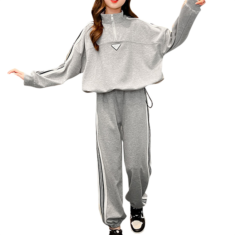 2-delige Basic Pullover-tops en -broeken met lange mouwen, revers en halve ritssluiting voor meisjes
