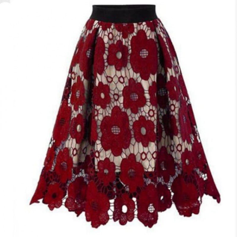 Krásna dámska dlhá midi sukňa s vysokým pásom a vysokým pásom s dutým kvetom z čipky