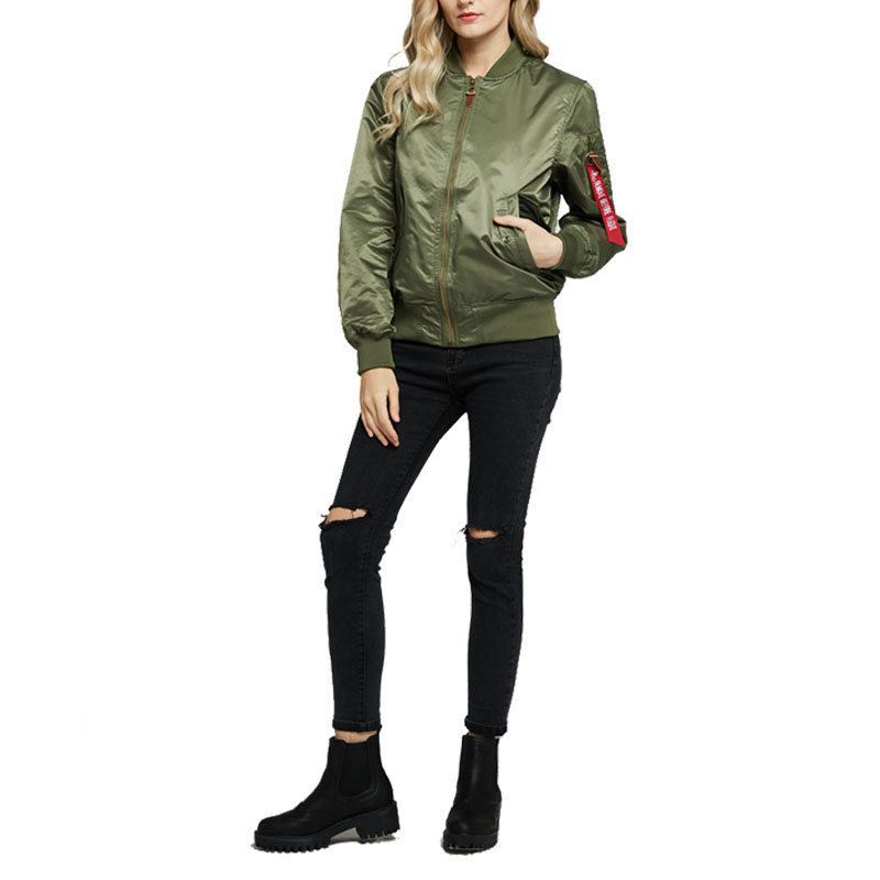 Женски бомбер јакна секојдневен капут со патент за надворешна облека Виндјакна со џебови