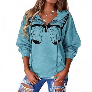 ແມ່ຍິງ Butterfly Print Drop Shoulder Half Zip Sweatshirts with Pockets