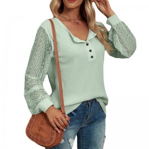 Pangbabaeng Long Lace Sleeve Polo Loose Casual Button Crewneck Tops Blouses