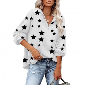 Женски дуксер со долги ракави со пола патент Ѕвездени блузи со пуловер со џебови