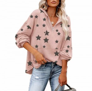 Женская толстовка с длинным рукавом и половиной молнии, пуловер со звездным принтом, топы с карманами